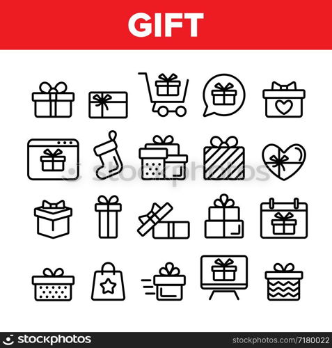 Collection Different Gift Sign Icons Set Vector Thin Line. New Year And Birthday Surprise Presents In Box And Gift Wrapping Assortment Linear Pictograms. Christmas Sock Contour Illustrations. Collection Different Gift Sign Icons Set Vector