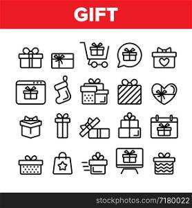 Collection Different Gift Sign Icons Set Vector Thin Line. New Year And Birthday Surprise Presents In Box And Gift Wrapping Assortment Linear Pictograms. Christmas Sock Contour Illustrations. Collection Different Gift Sign Icons Set Vector