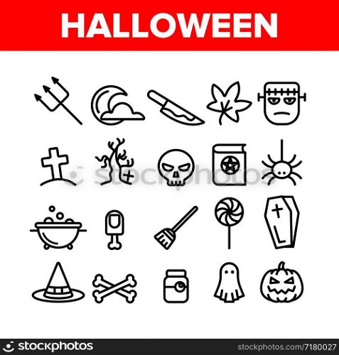 Collection Different Halloween Icons Set Vector Thin Line. Pumpkin And Skull, Hat And Broomstick, Zombie And Ghost Halloween Element Assortment Decoration Linear Pictograms. Contour Illustrations. Collection Different Halloween Icons Set Vector