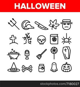 Collection Different Halloween Icons Set Vector Thin Line. Pumpkin And Skull, Hat And Broomstick, Zombie And Ghost Halloween Element Assortment Decoration Linear Pictograms. Contour Illustrations. Collection Different Halloween Icons Set Vector