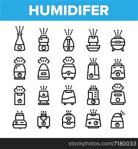 Collection Different Humidifier Icons Set Vector Thin Line. Climatic System Equipment Humidifer Assortment Linear Pictograms. Steam, Humidification, Water Monochrome Contour Illustrations. Collection Different Humidifier Icons Set Vector