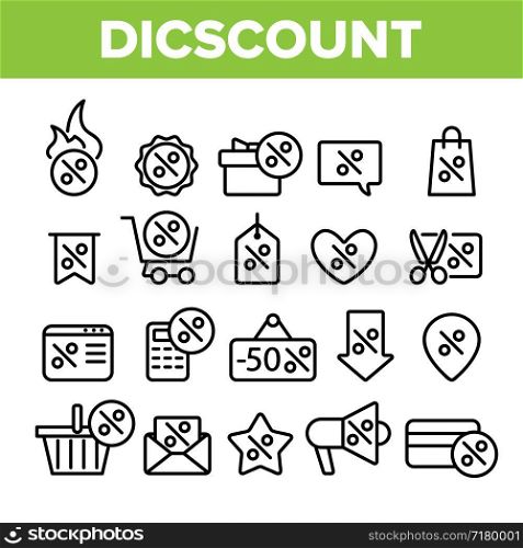 Collection Discount Thin Line Icons Set Vector. Percent Sign With Present Box And Heart, GPS Mark And Text Box Frame, Star And Scissors Discount Elements Linear Pictograms. Contour Illustrations. Collection Discount Thin Line Icons Set Vector