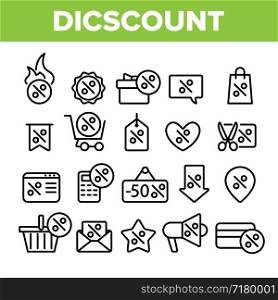 Collection Discount Thin Line Icons Set Vector. Percent Sign With Present Box And Heart, GPS Mark And Text Box Frame, Star And Scissors Discount Elements Linear Pictograms. Contour Illustrations. Collection Discount Thin Line Icons Set Vector