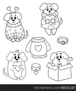 Collection dogs in love. Cute pets in romantic sweater and with heart and puppy in box. Vector illustration. Isolated line drawings for design and decor of valentines, love postcards, printing