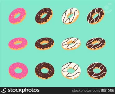 Collection donuts with pink glaze, chocolate and vanilla isometric