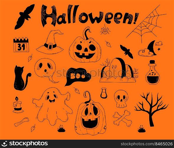 Collection doodles Halloween. Jack pumpkin, ghost, bat and web, grave, skull and crossbones, black cat and magic potion. Vector linear hand drawn. Isolated elements of decor, design and decoration