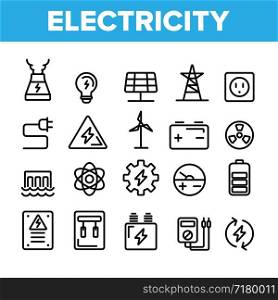 Collection Electricity Industry Icons Set Vector. Battery And Turbine Tower, Light Bulb And Socket Jack Electricity Industry Element Elements Linear Pictograms. Lightning Sign Contour Illustrations. Collection Electricity Industry Icons Set Vector