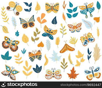 Collection exotic butterflies and twigs isolated on white background. Set tropical flying insects with colorful wings and foliage. Set rustic decorative design elements, flat vector illustration. Collection exotic butterflies and twigs isolated on white background