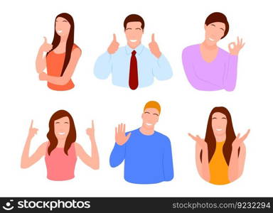 Collection flat icons business people character in flat style gesture hand signs okay super smiling face isolated on white