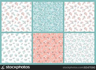 Collection Floral seamless patterns with cute little flowers. Simple doodle hand drawn style. Design for fabric, wallpaper. Vector digital paper.. Collection Floral seamless patterns with cute little flowers. Simple doodle hand drawn style.