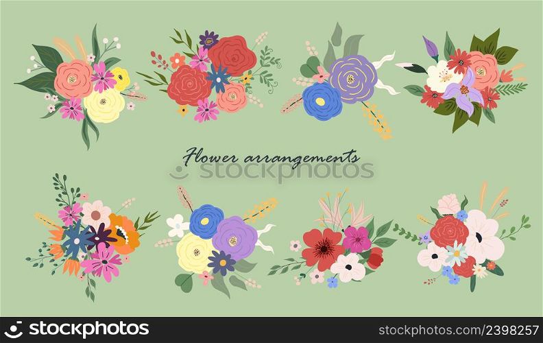 Collection flower arrangements. Flowers bouquets with cut blooms and leaves. Spring floral gift with blossomed plants. Gorgeous romantic bunch. Colored flat vector illustration of modern showy posy.. Collection flower arrangements. Flowers bouquets with cut blooms and leaves. Spring floral gift with blossomed plants. Gorgeous romantic bunch. Colored flat vector illustration of modern showy posy