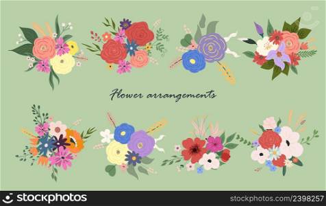 Collection flower arrangements. Flowers bouquets with cut blooms and leaves. Spring floral gift with blossomed plants. Gorgeous romantic bunch. Colored flat vector illustration of modern showy posy.. Collection flower arrangements. Flowers bouquets with cut blooms and leaves. Spring floral gift with blossomed plants. Gorgeous romantic bunch. Colored flat vector illustration of modern showy posy