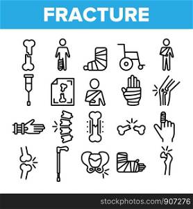 Collection Fracture Elements Vector Sign Icons Set Thin Line. Gypsum Foot And Hand Arm Crutch, Bones Fracture Linear Pictograms. Medicine Details And Character Monochrome Contour Illustrations. Collection Fracture Elements Vector Sign Icons Set