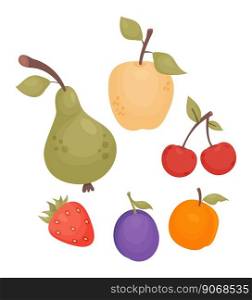 Collection fruits and berries. Apple, pear, strawberry, plum, apricot and cherry. Vector illustration. Isolated natural fruits in cartoon flat style