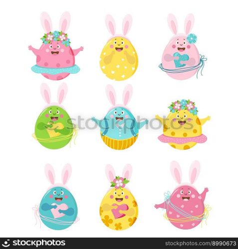 Collection funny easter eggs with bunny ears. Vector illustration. Isolated. For design Happy Easter