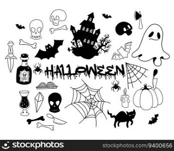 Collection Halloween doodles. Creepy mystical house with bat and cobweb, rum, skull, bones, pumpkin and ghost. Vector illustration. Isolated outline drawings and black silhouette for festive design