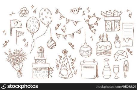 Collection Happy Birthday and Christmas holiday doodles. Hand drawn outline party decoration, gift box, bouquet, balloons and garland. Vector illustration isolated party sketch on white background