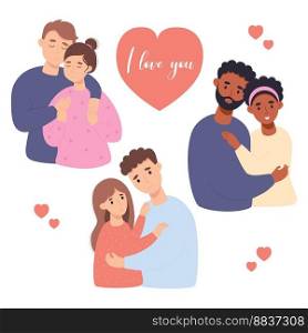 Collection happy couples in love. Cute fair-skinned and dark ethnicity peoples gently hug. Vector illustration in flat cartoon style. Isolated loving pairs for design, postcards, valentines