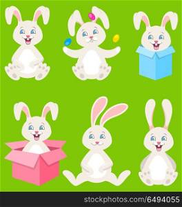 Collection Happy Easter Bunnies with Eggs, Gift Boxes, Cute Rabbits. Collection Happy Easter Bunnies with Eggs, Gift Boxes, Cute Rabbits - Illustration Vector