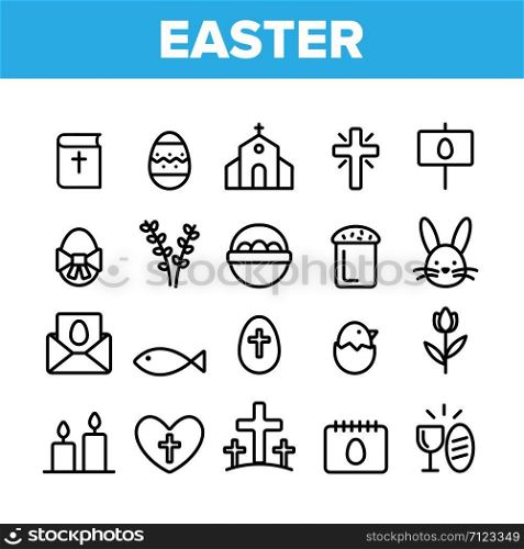 Collection Happy Easter Elements Vector Icons Set Thin Line. Egg And Bunny, Church And Tulip Celebrity Easter Details Concept Linear Pictograms. Religion Holiday Monochrome Contour Illustrations. Collection Happy Easter Elements Vector Icons Set