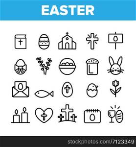 Collection Happy Easter Elements Vector Icons Set Thin Line. Egg And Bunny, Church And Tulip Celebrity Easter Details Concept Linear Pictograms. Religion Holiday Monochrome Contour Illustrations. Collection Happy Easter Elements Vector Icons Set