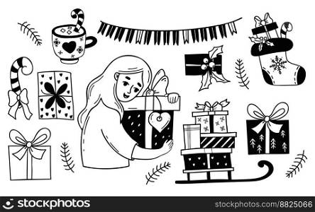 Collection happy woman with gifts, sleigh, christmas boot, dessert cup, garland and holiday boxes. Vector isolated drawings doodle. female character for design of holiday themes, New Year decorated