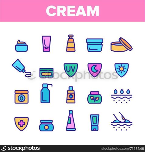 Collection Healthy Cream Elements Vector Icons Set Thin Line. Healthcare Cream In Tube And Container Concept Linear Pictograms. Day And Night Skin Protection Monochrome Contour Illustrations. Collection Healthy Cream Elements Vector Icons Set
