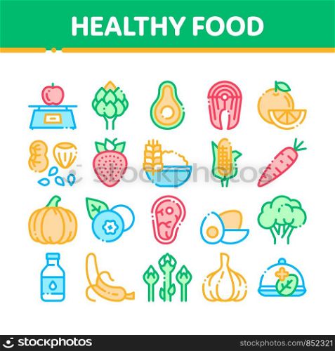Collection Healthy Food Vector Thin Line Icons Set. Vegetable, Fruit And Meat Healthy Food Linear Pictograms. Strawberry And Orange, Blueberry And Pumpkin, Eggs And Fish Color Contour Illustrations. Collection Healthy Food Vector Thin Line Icons Set