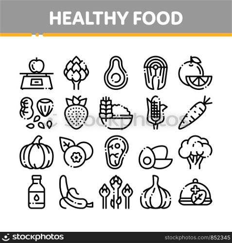 Collection Healthy Food Vector Thin Line Icons Set. Vegetable, Fruit And Meat Healthy Food Linear Pictograms. Strawberry And Orange, Blueberry And Pumpkin, Eggs And Fish Black Contour Illustrations. Collection Healthy Food Vector Thin Line Icons Set