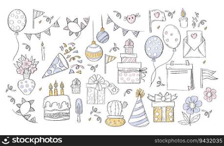 Collection holiday Birthday and Christmas, valentine doodles. Hand drawn party decoration, gift box, bouquet, balloons, cake with candles and garland. Vector illustration isolated party sketches