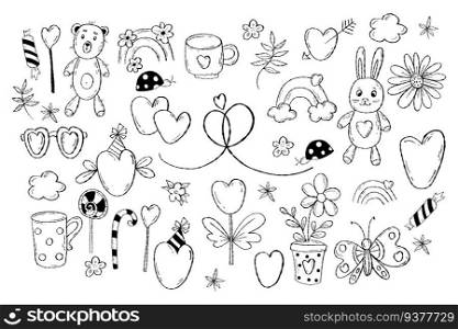 Collection holiday doodles. Romantic gifts, hearts, plush toy teddy bear and hare, flowers and sweets. Vector illustration. Isolated line drawings for holiday decor, parties, birthdays and valentines