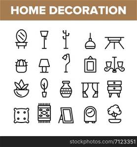 Collection Home Decoration Items Vector Icons Set Thin Line. Chandelier And Lamp Lighting Equipment House Decoration Concept Linear Pictograms. Furniture And Mirror Monochrome Contour Illustrations. Collection Home Decoration Items Vector Icons Set
