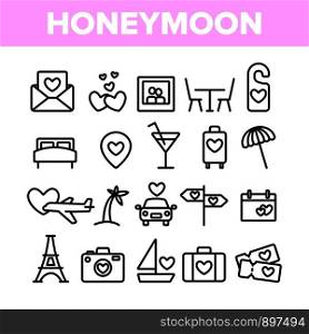Collection Honeymoon Elements Icons Set Vector Thin Line. Baggage And Photo Camera, Air Plane And Car, Tickets And Letter With Invitation Honeymoon Linear Pictograms. Monochrome Contour Illustrations. Collection Honeymoon Elements Icons Set Vector