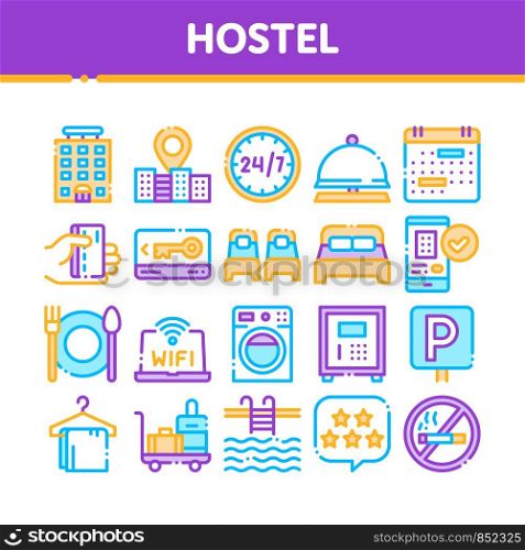 Collection Hostel Elements Vector Sign Icons Set. Building Hostel And Location, Calendar And Parking Symbol, Bed And Laundry Machine Linear Pictograms. Wifi Internet Color Contour Illustrations. Collection Hostel Elements Vector Sign Icons Set