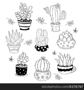 Collection houseplant cactus. Vector illustration. Isolated hand drawings tropical indoor plants in pots 