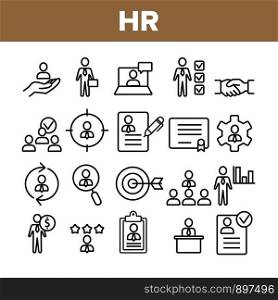 Collection HR Human Resources Icons Set Vector Thin Line. Profile And Target With Arrow, Handshake, Character Businessman And Video Conference HR Linear Pictograms. Monochrome Contour Illustrations. Collection HR Human Resources Icons Set Vector