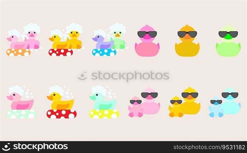 Collection icon rubber duck or ducky bath toy flat. Cute rubber floating for children. set of rubber duck.