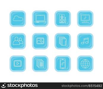 Collection Icons of Modern Computer Web Buttons.. Set icons of modern computer web buttons. Cloud storage laptop speaker desktop computer user pic picture gallery music play data mobile phone globe. Internet science. Set of thin line icons. Vector
