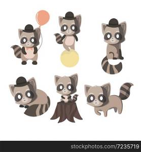 Collection isolated funny raccoon.