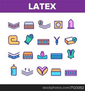 Collection Latex Material Items Vector Icons Set Thin Line. Matress And Washable Cover, Breathable And Memory Foam, Bedding And Pad Concept Linear Pictograms. Monochrome Contour Illustrations. Collection Latex Material Items Vector Icons Set