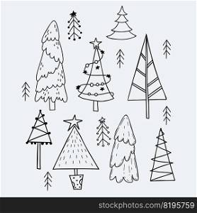Collection linear of Christmas trees. Various trees, with garland, simple and abstract. outline. Vector isolated hand drawn doodle for holiday decor, design, cards and print