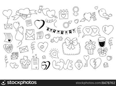 Collection, love, romance and wedding doodles. Letters of love, cupids arrow, sweets, lock, key, ch&agne and glass, broken, wounded heart, gender signs and love bird. Isolated vector line drawings