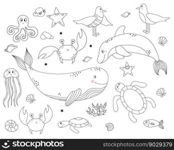 Collection marine life. animals and birds - whale and dolphin, seagulls and fish, crab and jellyfish, turtle and octopus. Vector. Sketch, outline. Isolated on white