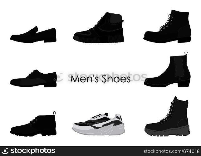 Collection mens footwear isolated on white background. Set of men boots. Vector illustration