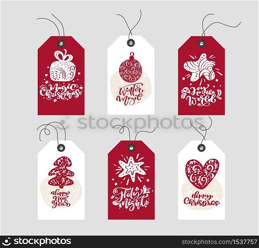 Collection Merry Christmas vector gift tags with handwritten calligraphy lettering text and bundle decorative xmas elements.. Collection Merry Christmas vector gift tags with handwritten calligraphy lettering text and bundle decorative xmas elements
