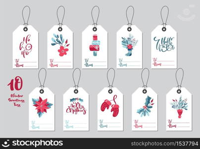 Collection Merry Christmas vector gift tags with handwritten calligraphy lettering text and bundle decorative xmas elements.. Collection Merry Christmas vector gift tags with handwritten calligraphy lettering text and bundle decorative xmas elements