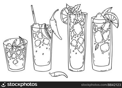 Collection Mexican cocktails Charro Negro, V&iro, Cherry limeade, mint lemonade with ice cubes, lime, cherries and chili peppers. Isolated vector linear doodles. Latin American traditions drinks