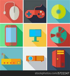 Collection modern flat icons computer mobile technology with long shadow effect for design. Vector illustration.