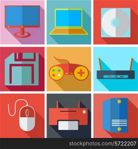 Collection modern flat icons media technology with long shadow effect for design. Vector illustration.