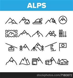 Collection Mountain Alps Sign Icons Set Vector Thin Line. Cable Way, Funicular And House On Alps Hills And Climbs Linear Pictograms. Nature Landscape Monochrome Contour Illustrations. Collection Mountain Alps Sign Icons Set Vector